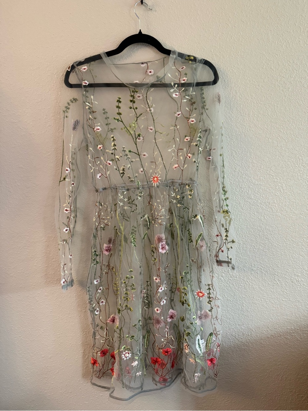 Sheer Floral Embroidered Long Sleeve Dress - Sage Green